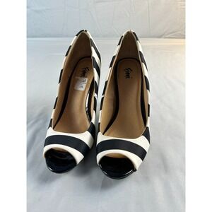 Fioni Women Peep Toe Heels Size 6.5 Black White Striped Pumps Retro Chic